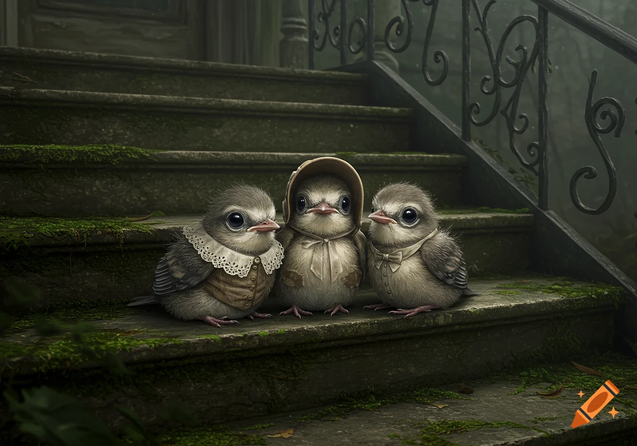 Three fluffy baby birds in Victorian clothing sit on mossy stone steps next to a wrought iron railing.