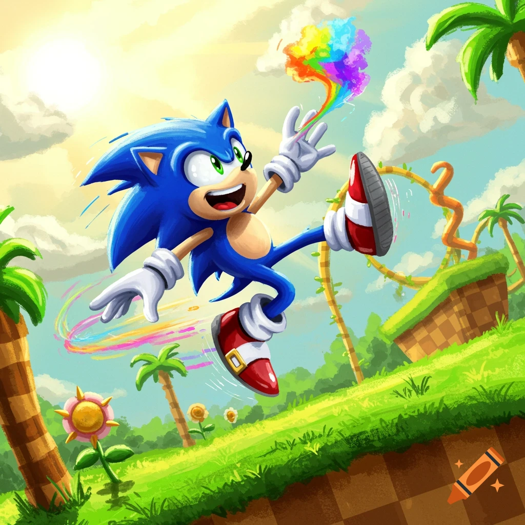 Sonic the Hedgehog leaps through a vibrant green landscape under a sunny sky, leaving a rainbow trail behind him.