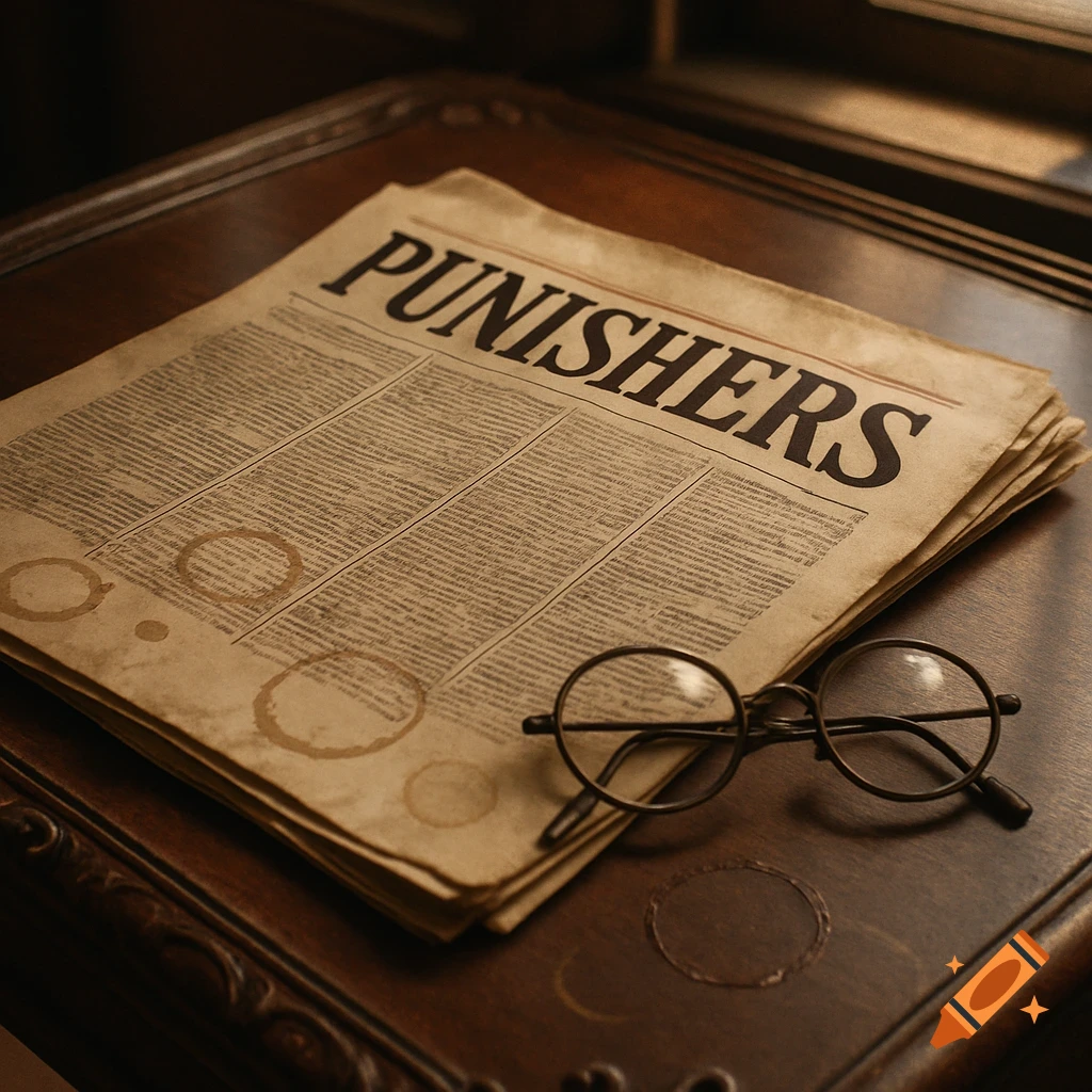 A close-up shot of an old, weathered newspaper with the headline "PUNISHERS" on a dark wooden table, with a pair of round spectacles resting next to it.