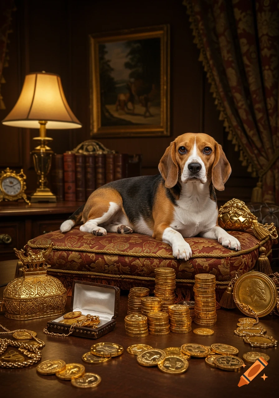 A beagle dog on a luxurious cushion, surrounded by gold coins and jewelry in a rich, dark room.