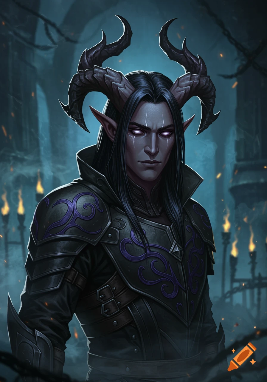 A dark fantasy portrait of a tiefling rogue with glowing eyes, horns, and dark armor with purple patterns, in a shadowy castle.
