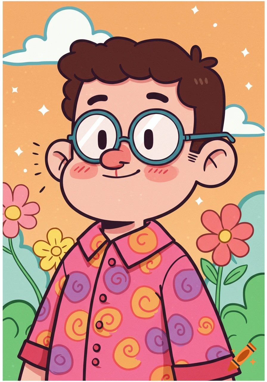 A cheerful cartoon boy with circular glasses in a pink spiral shirt, surrounded by colorful flowers, on an orange background.