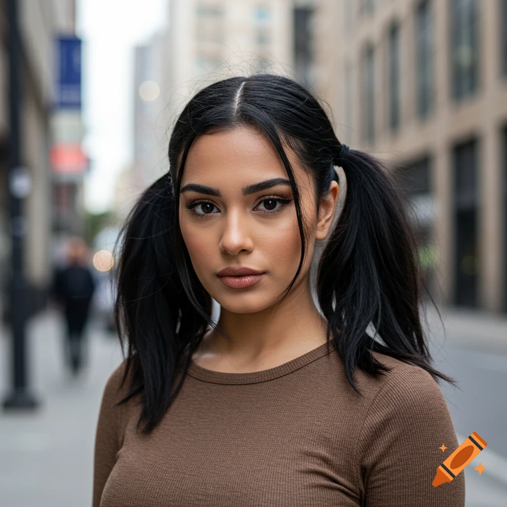 A tan woman with black hair in pigtails wears a brown shirt, standing on an urban street.
