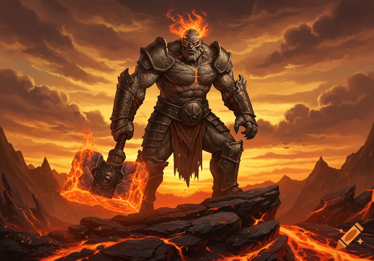 A strong, grey-skinned Golem-like warrior in armor, with flames on its head, stands on lava rock holding a fiery warhammer under an orange sky.