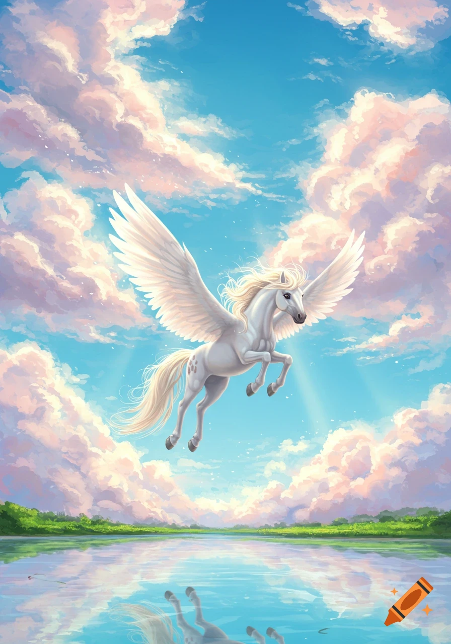A white winged horse with a horn flies majestically through a bright blue sky with pink clouds, reflected in a serene lake below.