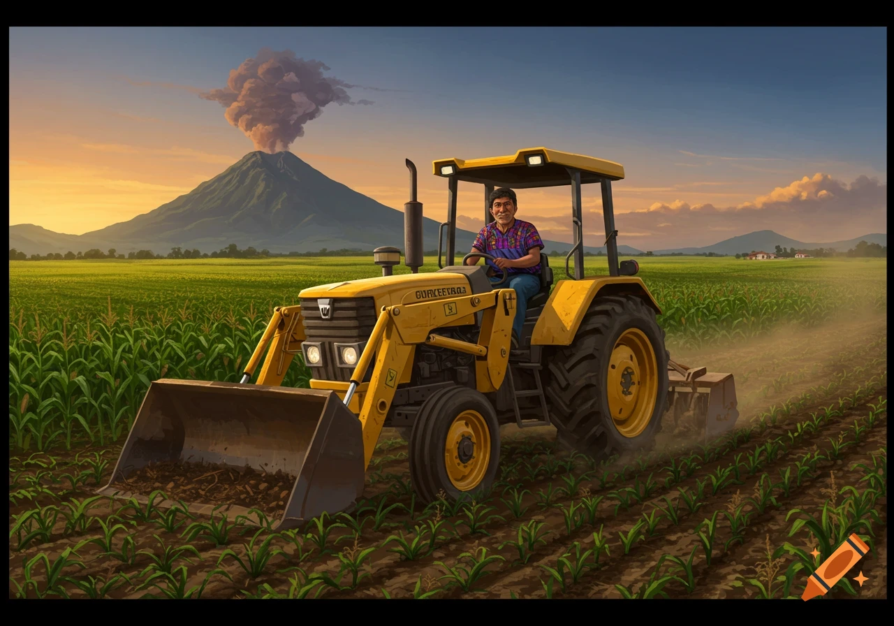 A Guatemalan man drives a yellow front-loading tractor through a green cornfield under a sunset sky with an erupting volcano in the background.