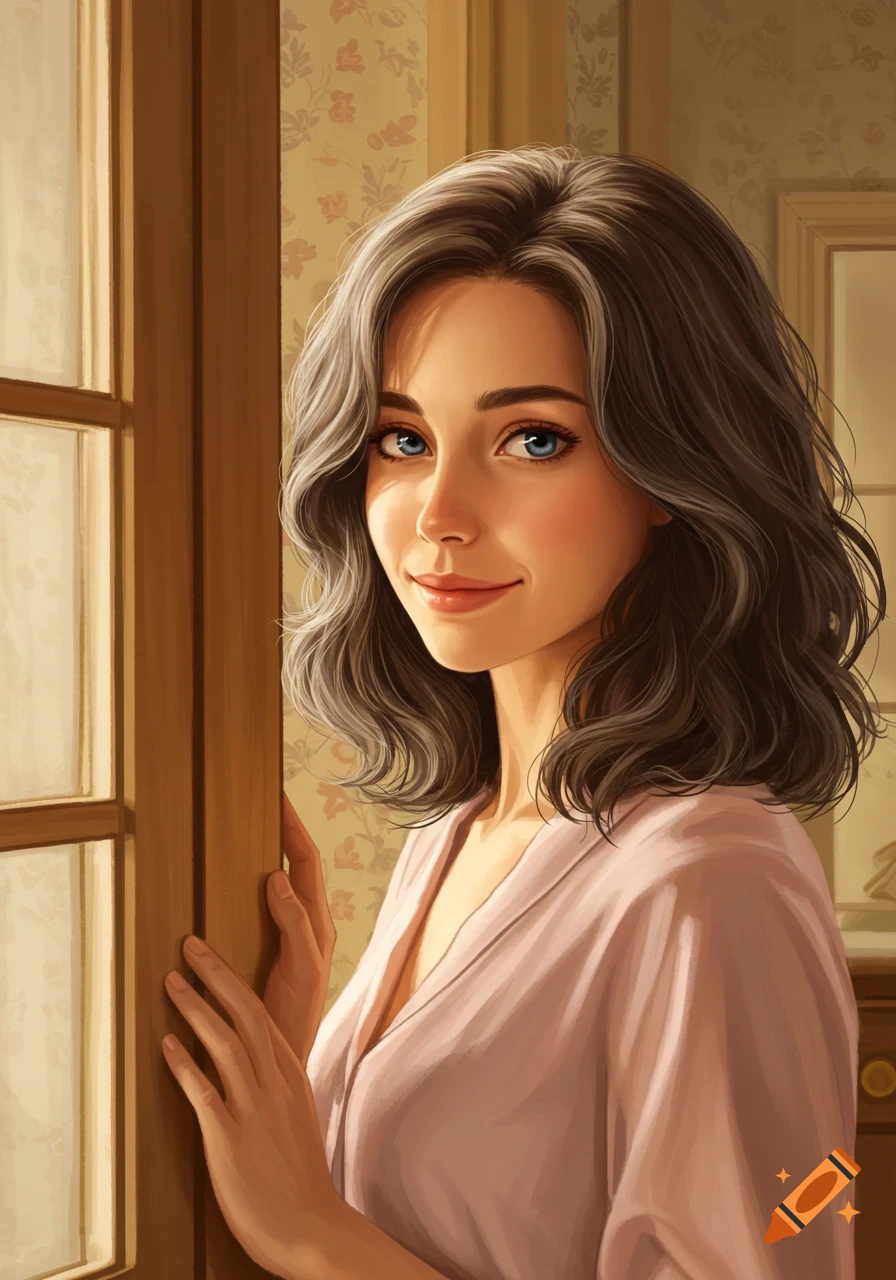 A digital painting of a smiling woman with wavy brunette and gray hair and blue eyes, wearing a pink blouse, standing by a wooden door.