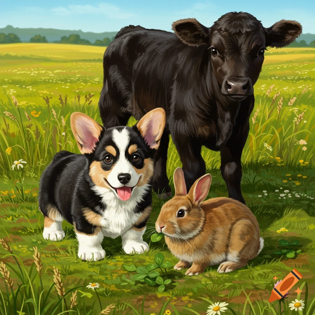 A corgi puppy, brown bunny, and black steer calf in a grassy field with wildflowers, in an illustrative style.