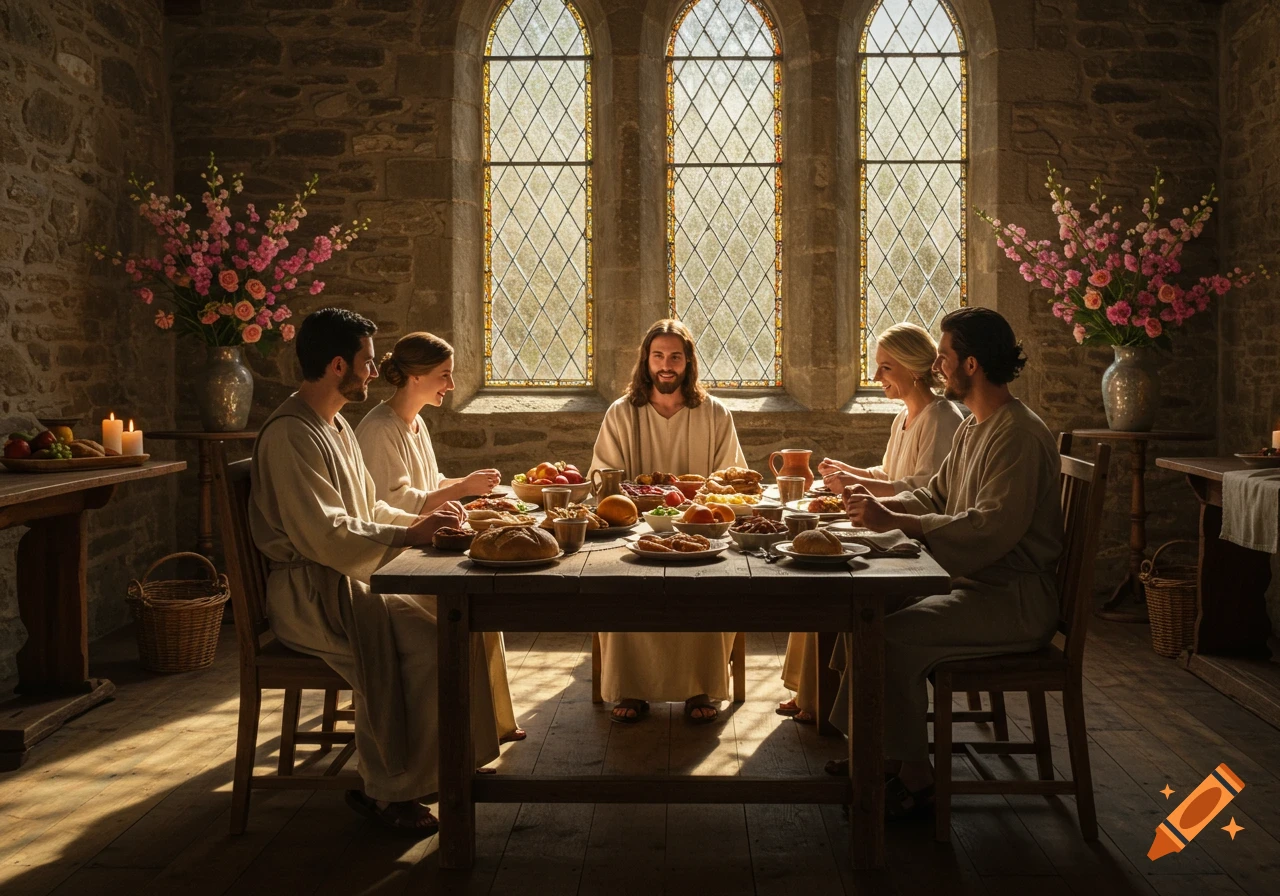 Jesus and companions share a meal at a long wooden table in a sunlit stone room with arched windows.