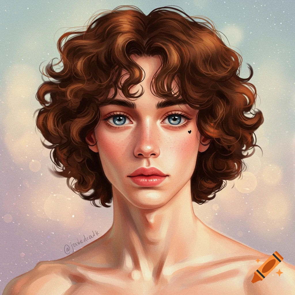 Digital painting of a young person with curly brown hair, blue eyes, a beauty mark, and bare shoulders, looking forward.