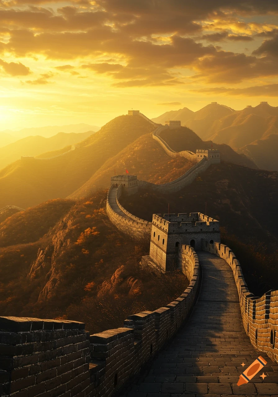 The Great Wall of China winding through mountains at sunset under a golden sky, photorealistic.