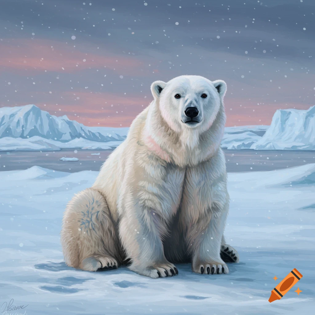 A majestic polar bear sits on a snowy landscape with icebergs and a sunset sky.