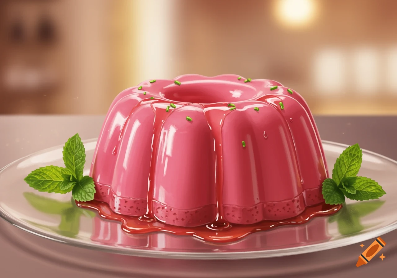A vibrant pink fluted pudding with a shiny sauce and green sprinkles on top, garnished with mint leaves, sits on a clear glass plate.