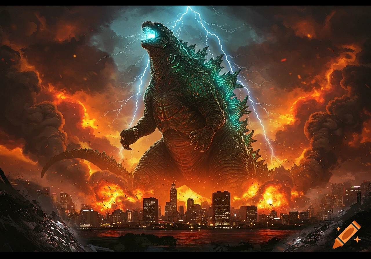 Massive Godzilla roars with blue energy, surrounded by lightning, over a city engulfed in flames and smoke.
