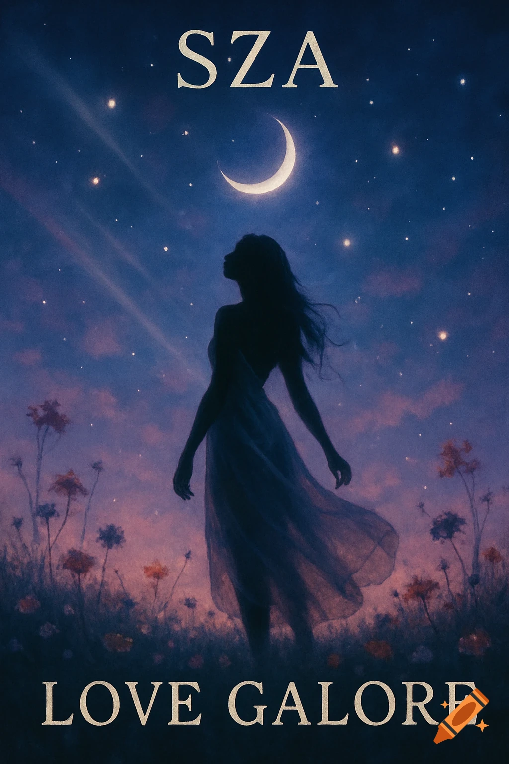 A silhouette of a woman in a flowing dress in a field of flowers under a starry night sky with a crescent moon. Text reads "SZA" and "LOVE GALORE".