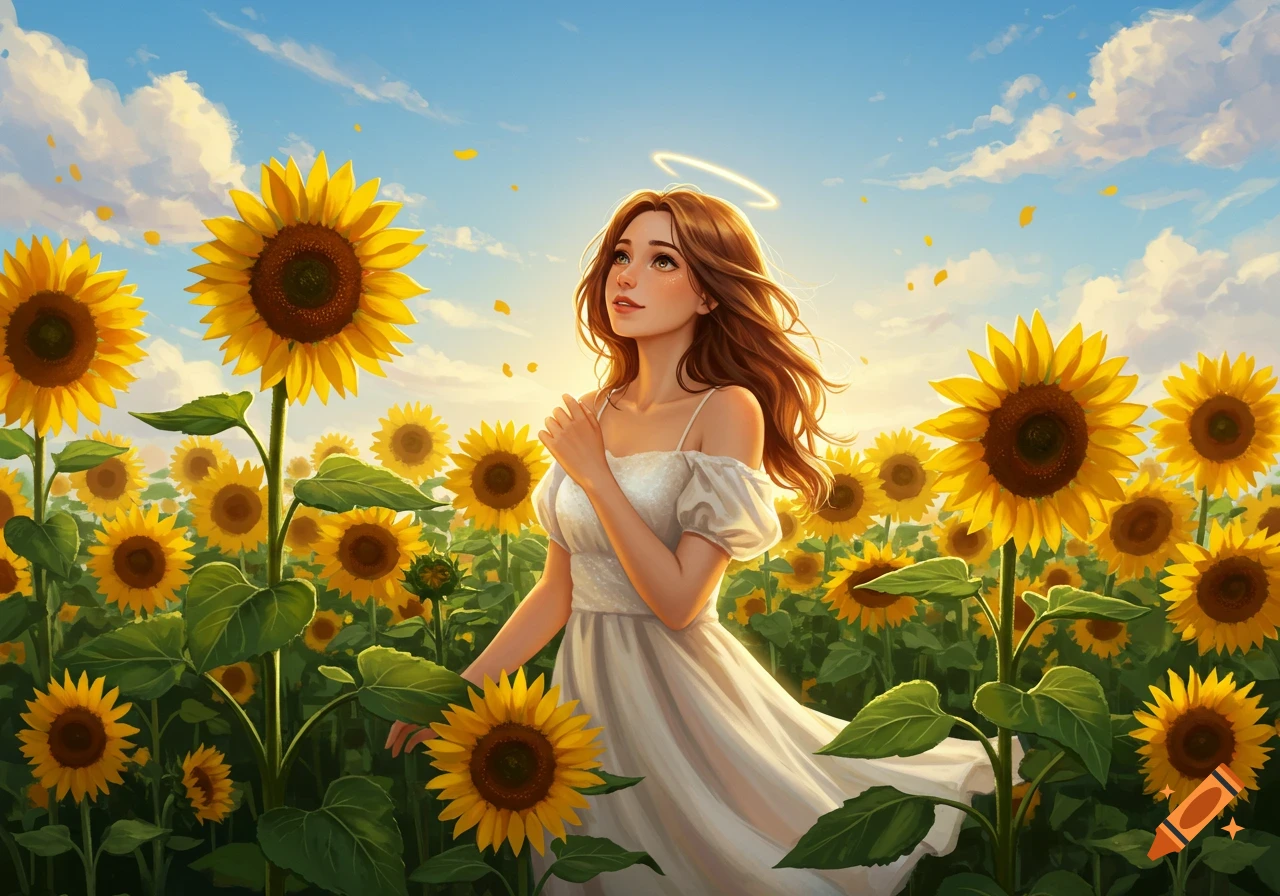 An illustrated young woman with a halo in a vibrant field of yellow sunflowers, looking up at a blue sky.