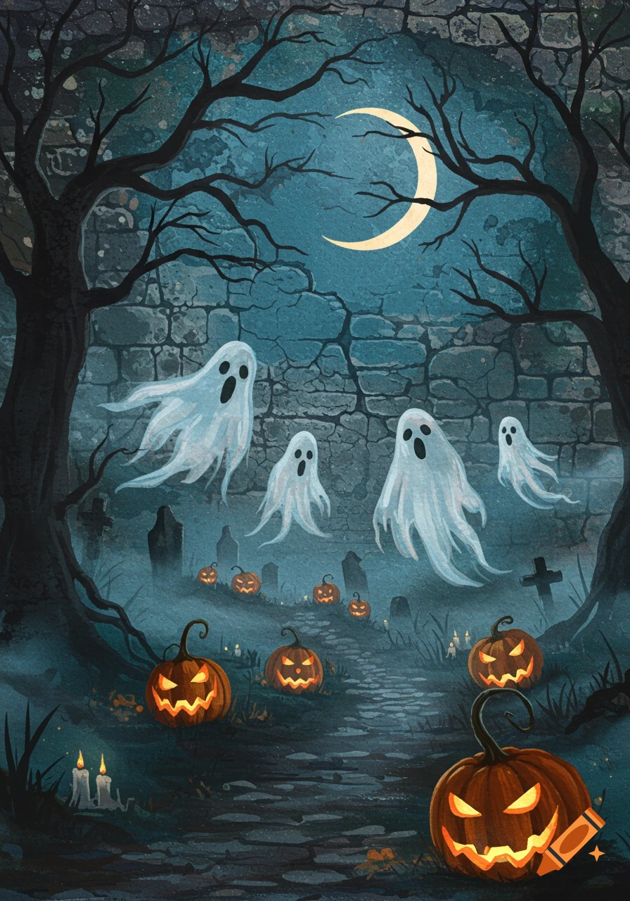 A spooky watercolor illustration of ghosts, glowing jack-o'-lanterns, and gravestones under a crescent moon and bare trees.