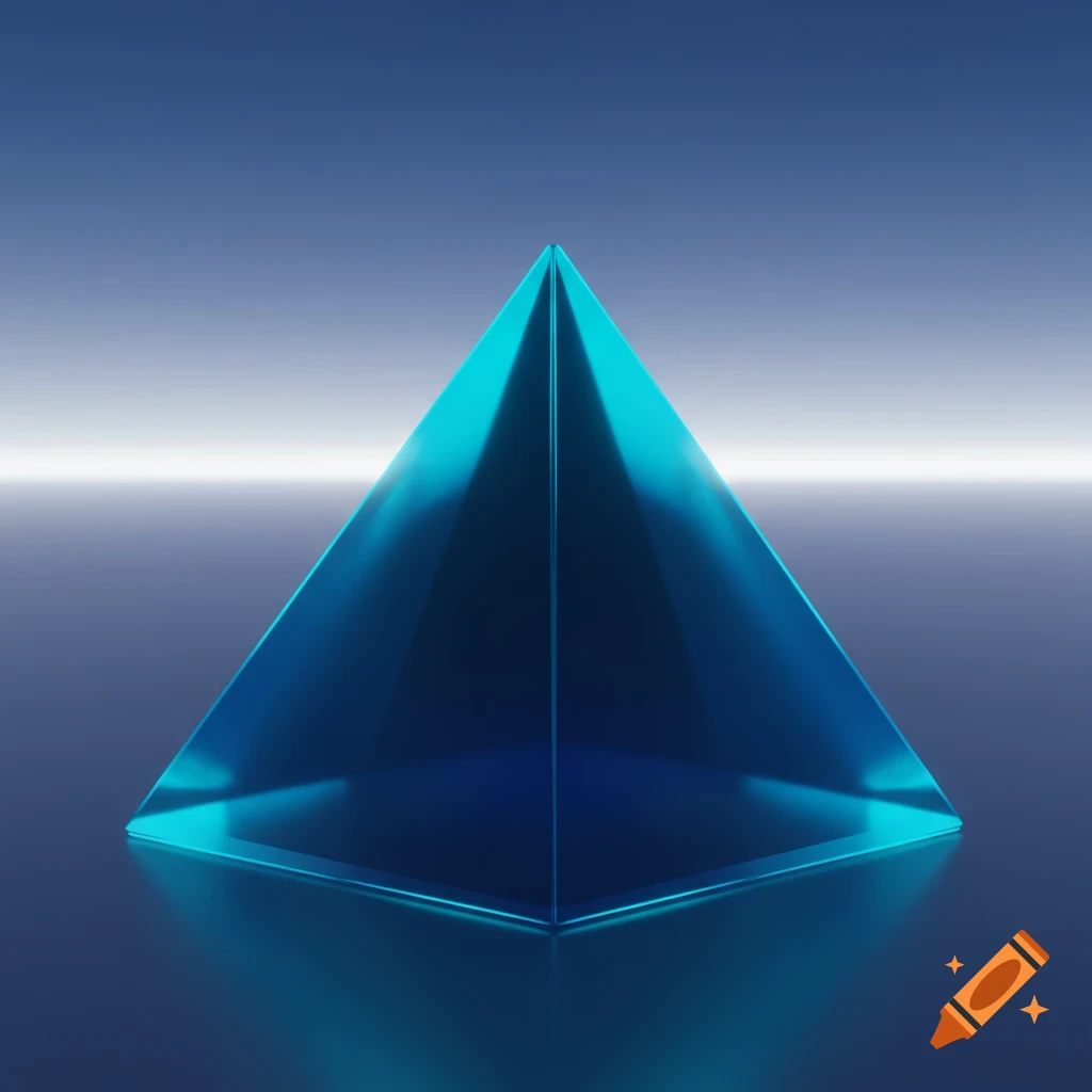 A glossy, translucent blue pyramid reflecting on a blue surface against a gradient blue background.