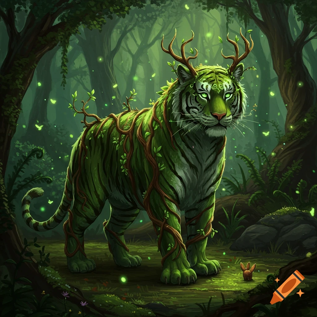 A majestic green striped tiger with antlers and vines stands in a magical, glowing forest.
