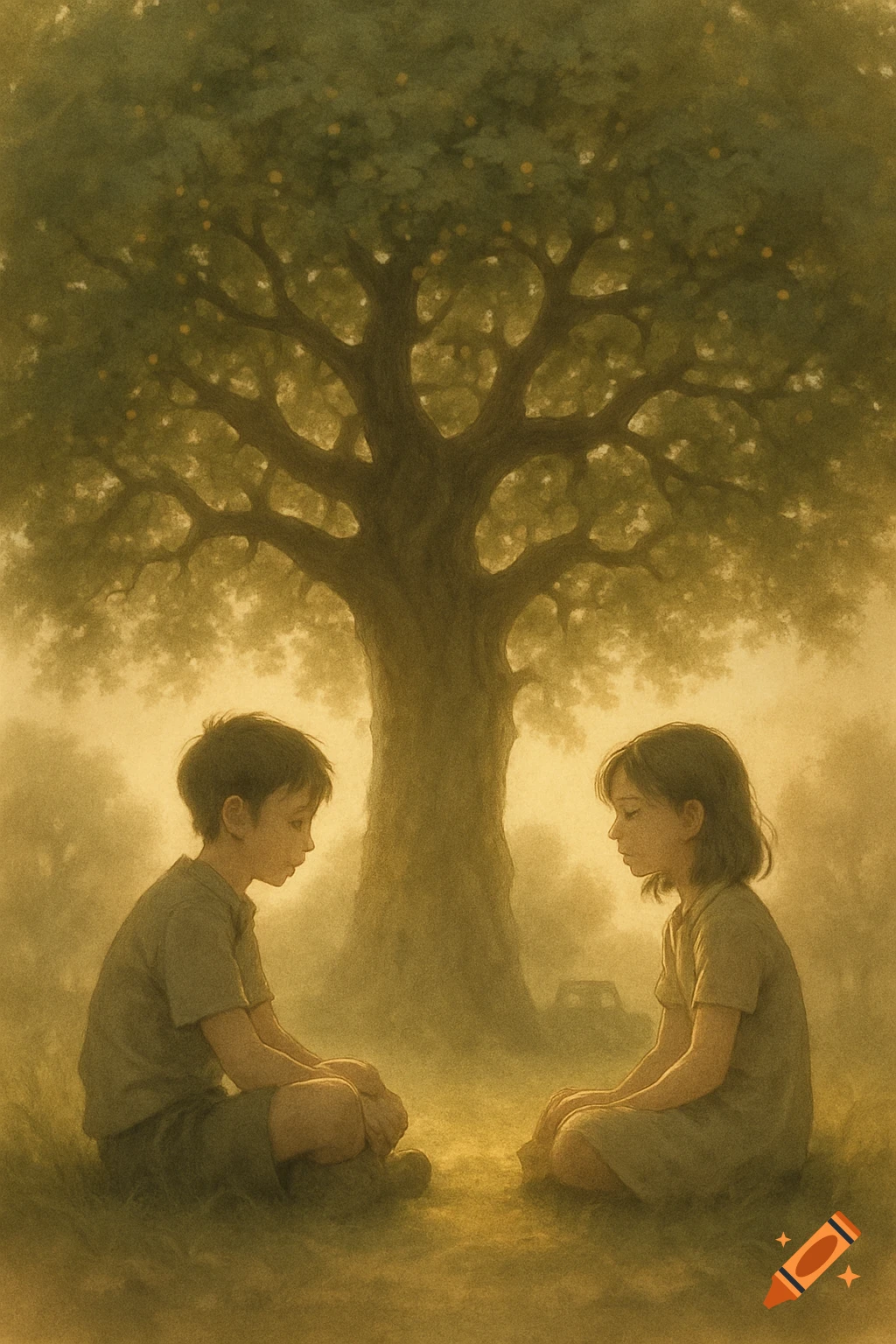 Illustration of a boy and girl sitting on grass under a large tree, looking down pensive, in a warm, muted color palette.