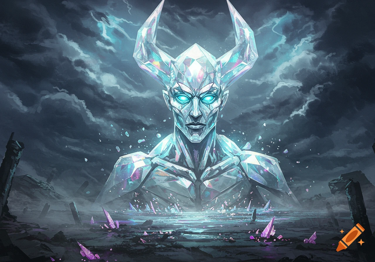 A menacing, crystalline demon with glowing blue eyes emerges from a dark, desolate landscape with purple crystals. Digital art.