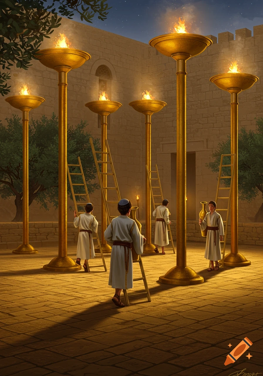 Illustration of young boys in a courtyard, tending to tall golden candelabras with ladders at dusk.