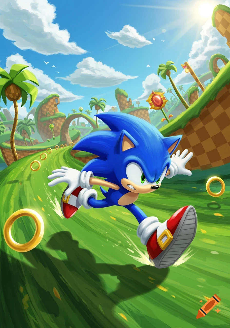 Sonic the Hedgehog speeds through a vibrant green landscape with golden rings under a sunny, blue sky.
