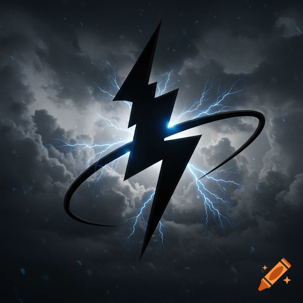 A stylized black lightning bolt symbol with an arcing curve behind it, illuminated by blue electric currents against a dark, stormy sky.