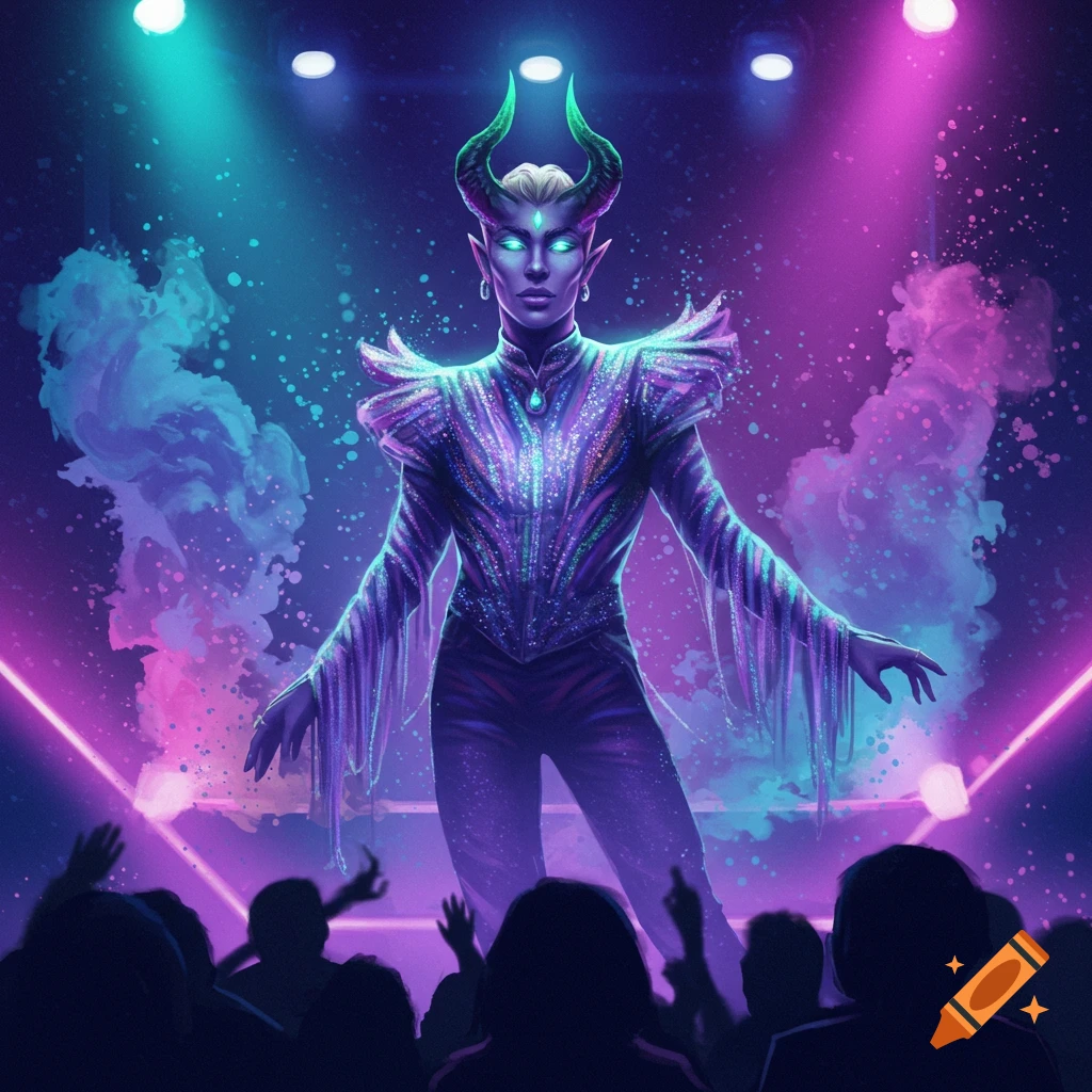 A horned demon character in a sparkly purple suit performing on a stage under neon lights to a silhouetted crowd.
