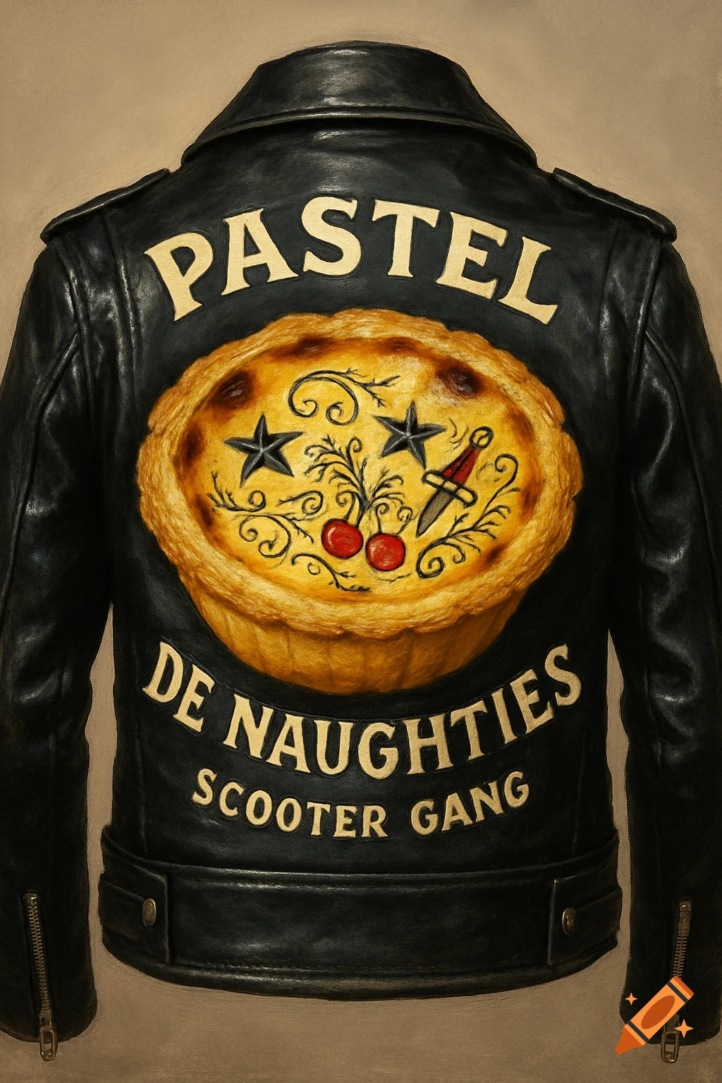 A black leather motorcycle jacket with a large illustration of a custard tart with faux tattoos and text "PASTEL DE NAUGHTIES SCOOTER GANG" on the back.