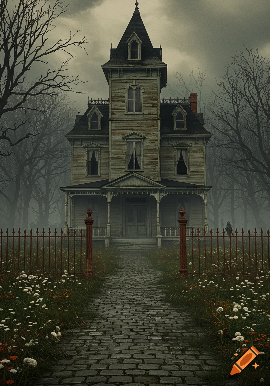 A tall, old, haunted Victorian house on a gloomy, foggy day, with a cobblestone path leading to its front door through an overgrown yard.