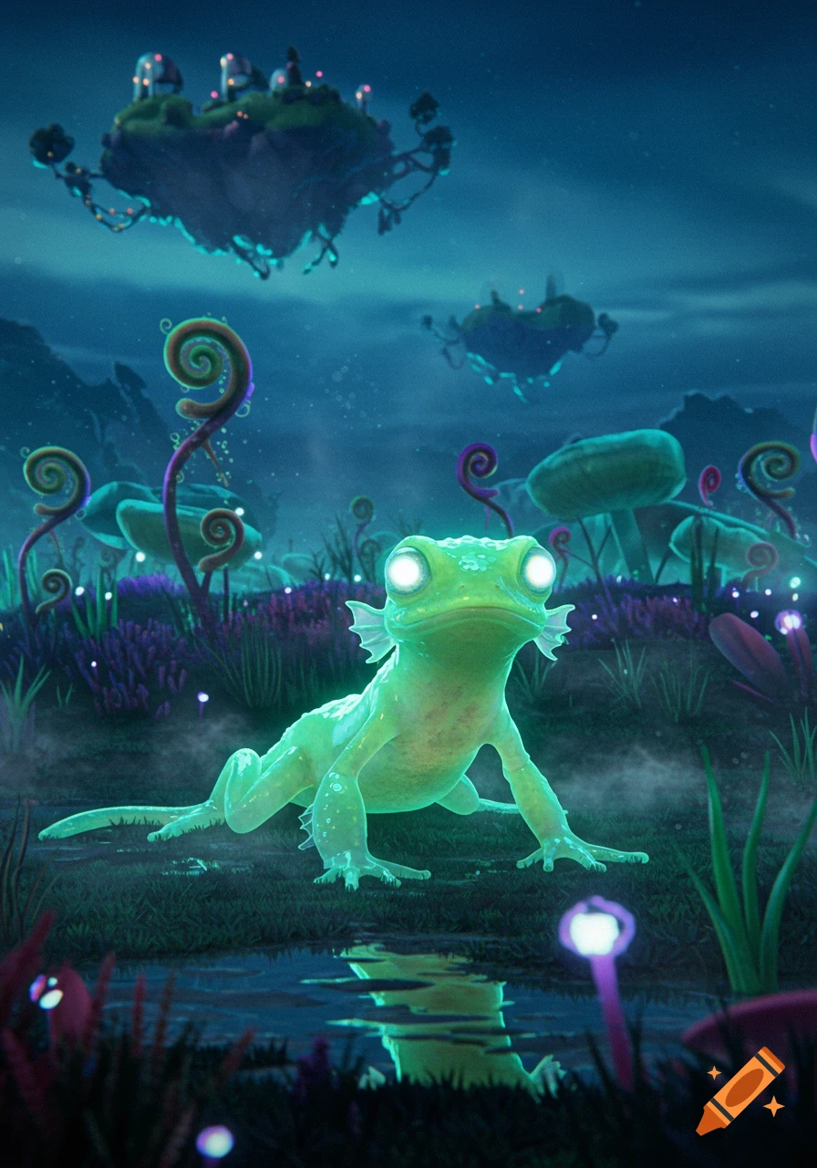 A glowing light green amphibian-like creature with large white eyes sits in a misty alien landscape with floating islands and strange plants at night.