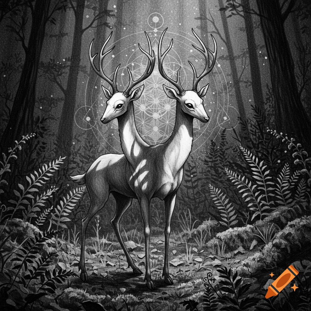 A two-headed deer with antlers stands in a dark forest among ferns, with sacred geometry patterns in the background, in a black and white pencil sketch style.