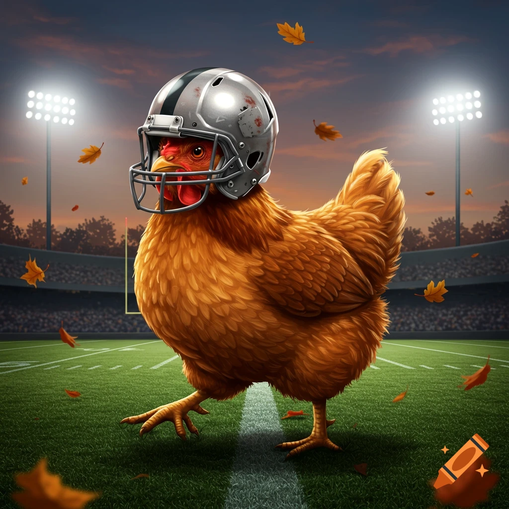 A brown chicken wearing a silver football helmet stands on a football field with stadium lights and falling autumn leaves.