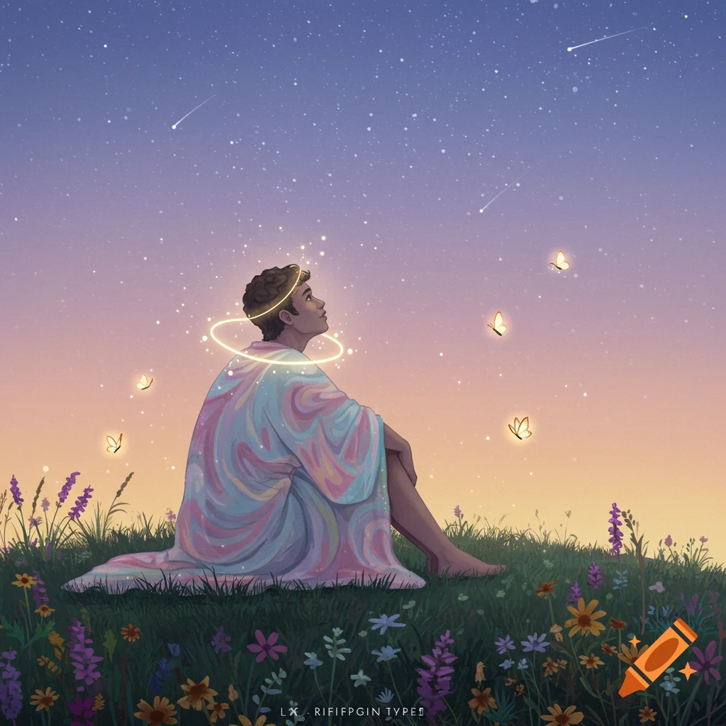 A person in a colorful robe sits in a field of flowers, looking up at a starry night sky with glowing butterflies and a halo.
