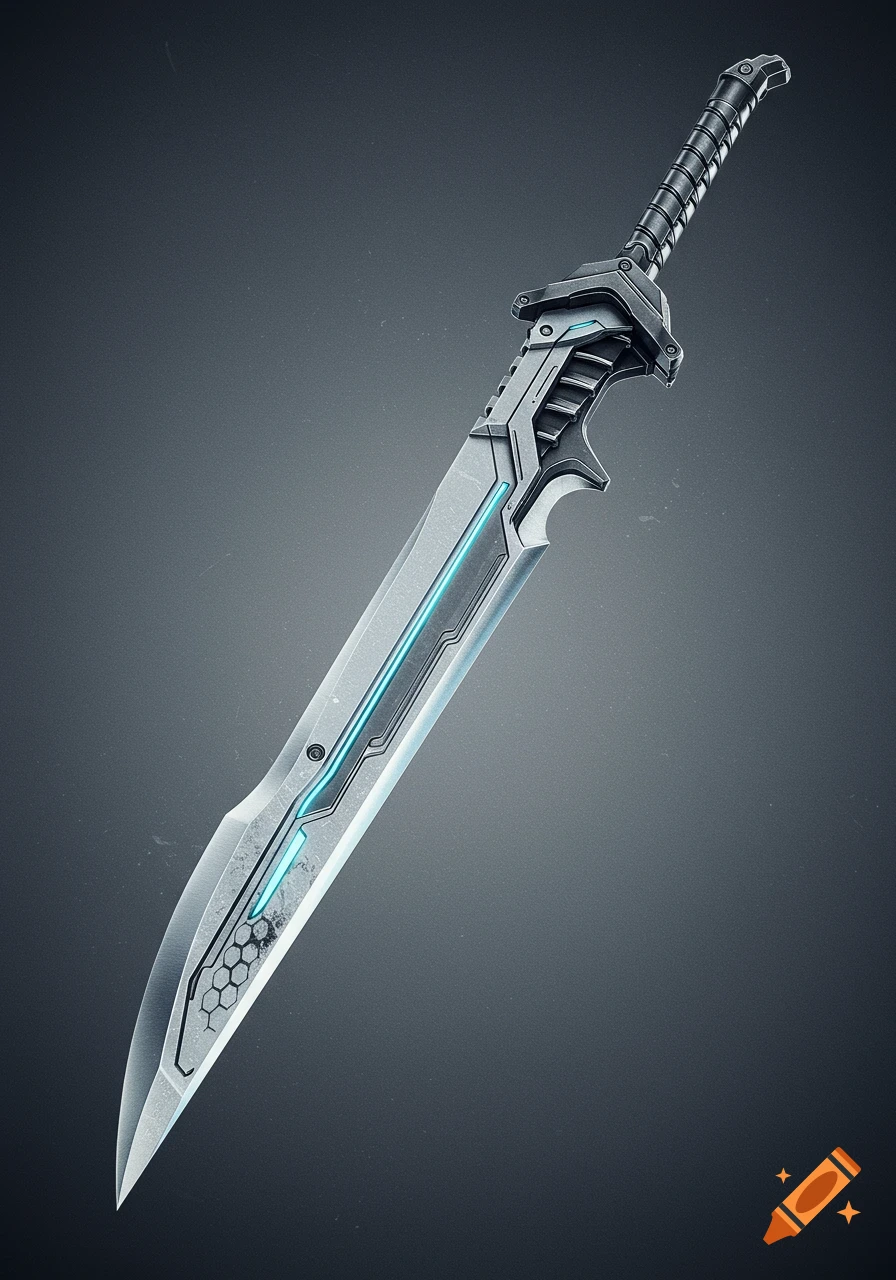 A sleek, futuristic sword with a metallic silver and graphite finish, featuring a blue glowing central line and hexagonal patterns on its blade, set against a dark background.