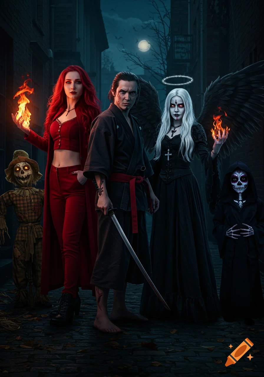 A group of diverse, dark fantasy characters stands in a dimly lit alley at night. Features a red-haired woman with flames, a samurai, a winged figure with white hair and a halo, a scarecrow, and a sugar skull figure.