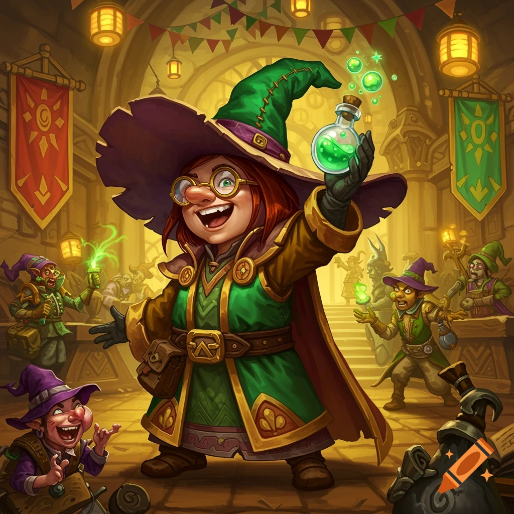 A cheerful gnome-like wizard in a green hat and robe holds up a glowing green potion in a vibrant fantasy hall.