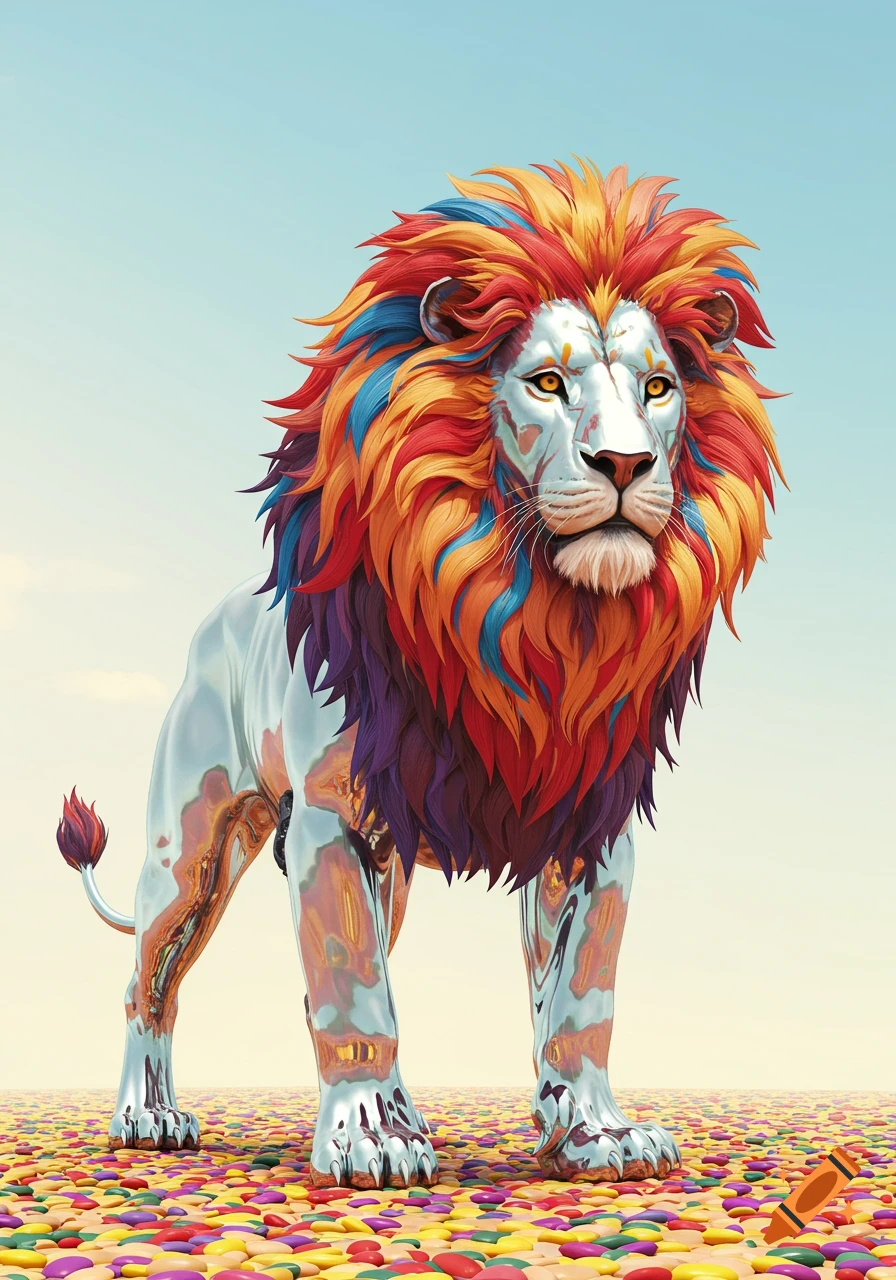 A metallic lion with a vibrant, rainbow-colored mane stands on a surface covered in colorful, candy-like pebbles under a blue sky.