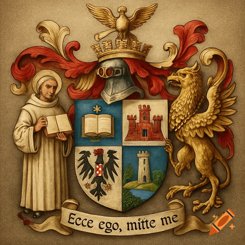 A detailed medieval-style coat of arms with a monk, griffin, shield depicting a book, castle, eagle, and watchtower, with a motto scroll.