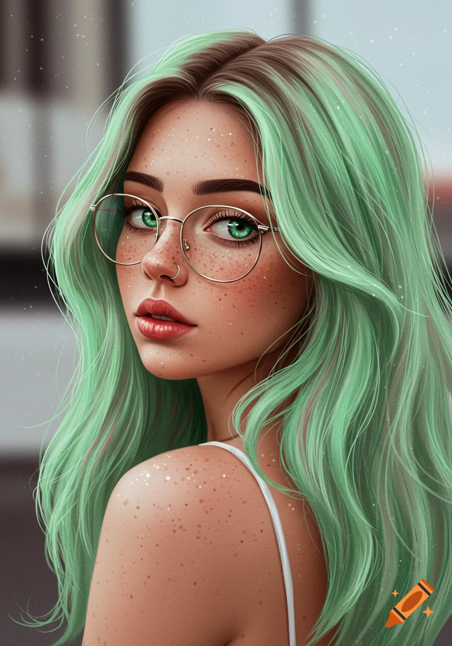 Digital art portrait of a young woman with long pastel green hair, freckles, green eyes, and round glasses looking over her shoulder.