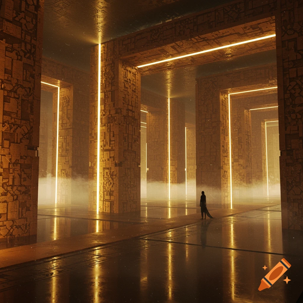 A lone figure stands in a vast, dark, futuristic hall with glowing golden vertical lights, textured pillars, and a reflective floor.