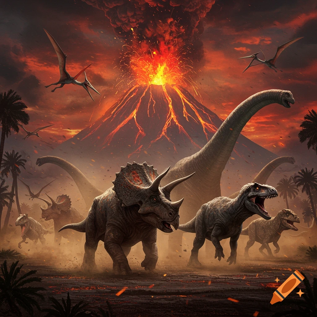 Dinosaurs flee a massive volcanic eruption under a fiery red sky, with ash and lava spewing.