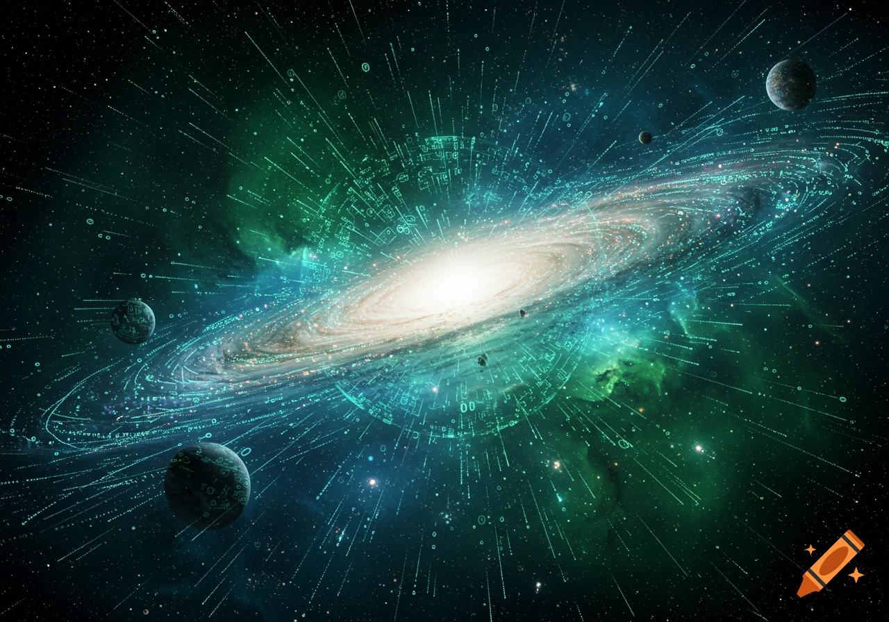A vibrant galaxy spiral in shades of white, teal, and green, surrounded by digital data streams and scattered planets, set against a dark, star-filled space background.