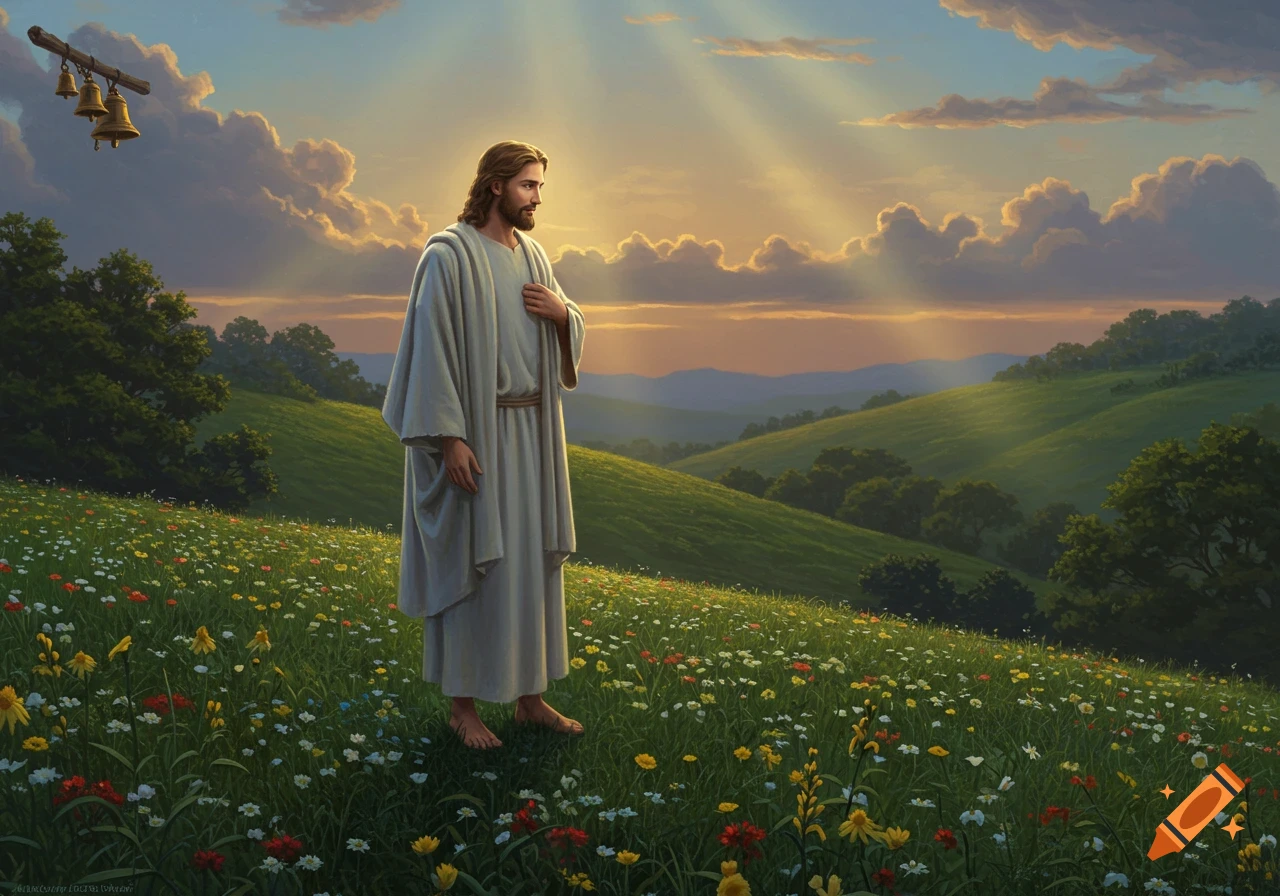 Jesus stands barefoot in a vibrant field of wildflowers on a green hill, bathed in golden sunrays from a dramatic sunset sky.