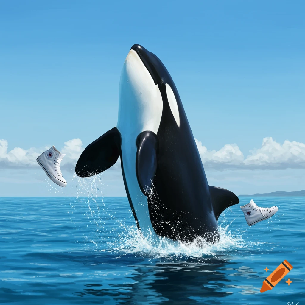 An orca leaps out of blue ocean water with white high-top sneakers floating beside its fins under a clear sky.