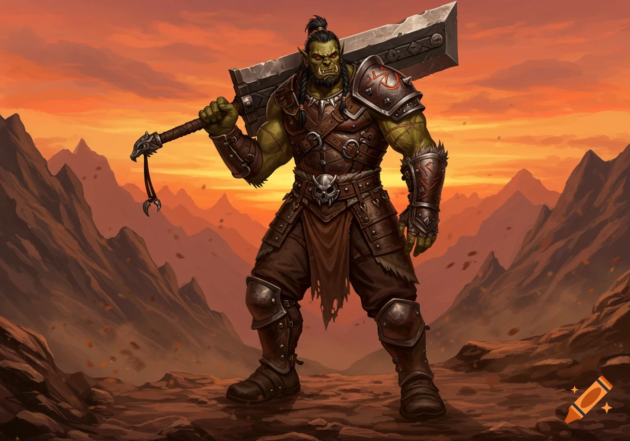 A muscular green orc warrior with a topknot holding a massive sword over his shoulder, standing in a rocky, reddish landscape under an orange sky.