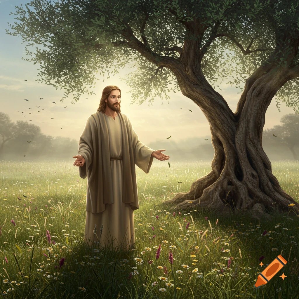 Jesus Christ stands with arms open in a sunlit meadow beside a large olive tree, with birds flying in the misty distance.