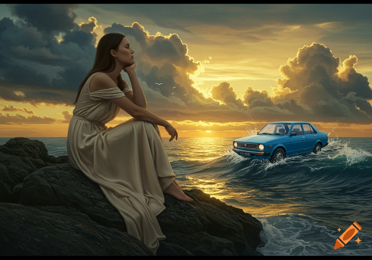 A woman in a white dress sits on coastal rocks, looking towards a blue car driving on ocean waves at sunset.