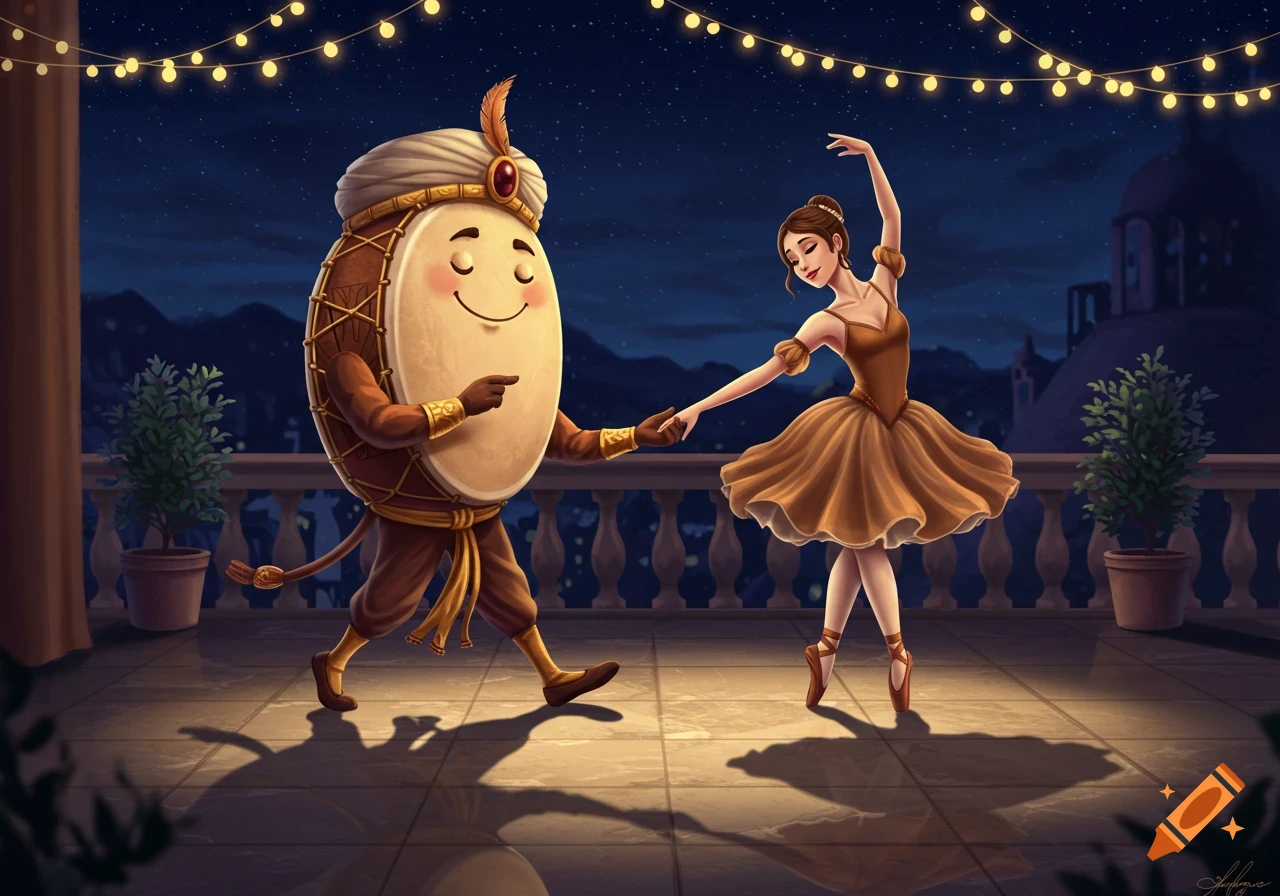 A whimsical illustration of a drum character in a turban dancing with a ballerina on a balcony under string lights at night.
